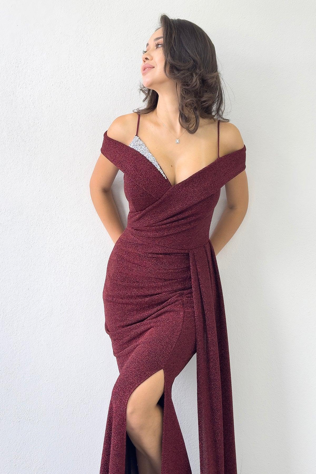 Women's Burgundy Strap Off-Shoulder Crystal Embellished Slit Evening Gown