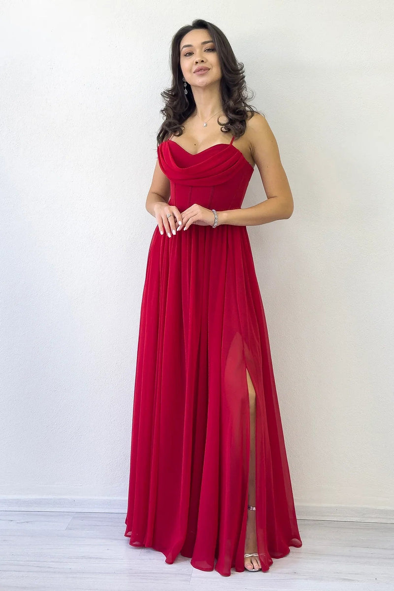 Women's Red Open Back Corset Detail Slit Chiffon Evening Gown