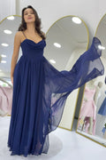 Navy Blue Thin-Strapped Maxi Evening Dress with Slit