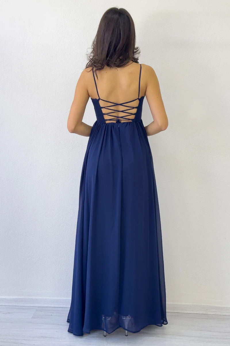 Women's Navy Blue Open Back Corset Detail Slit Chiffon Evening Gown
