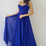 Saks Blue Backless Corset Detail Slit Chiffon Evening Dress