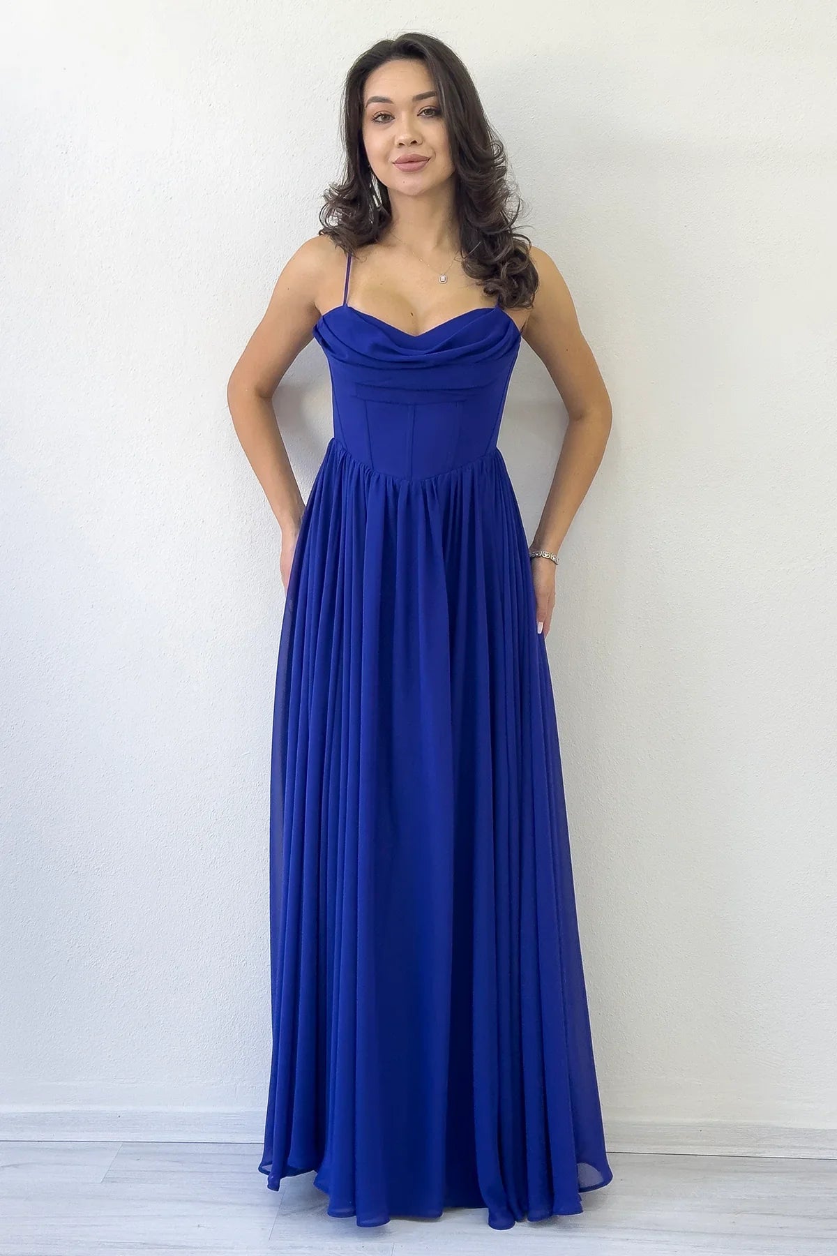 Women's Saxe Blue Open Back Corset Detail Slit Chiffon Evening Gown