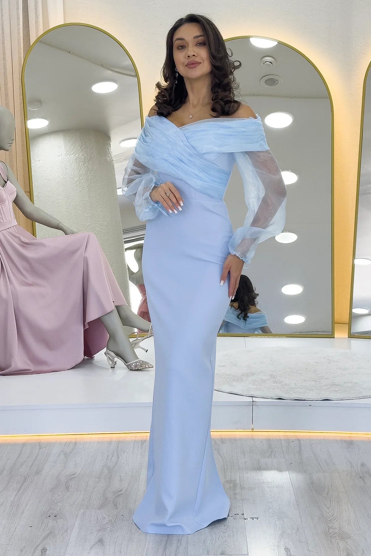 Women's Baby Blue Chiffon Sleeve Detail Off-Shoulder Mermaid Evening Gown