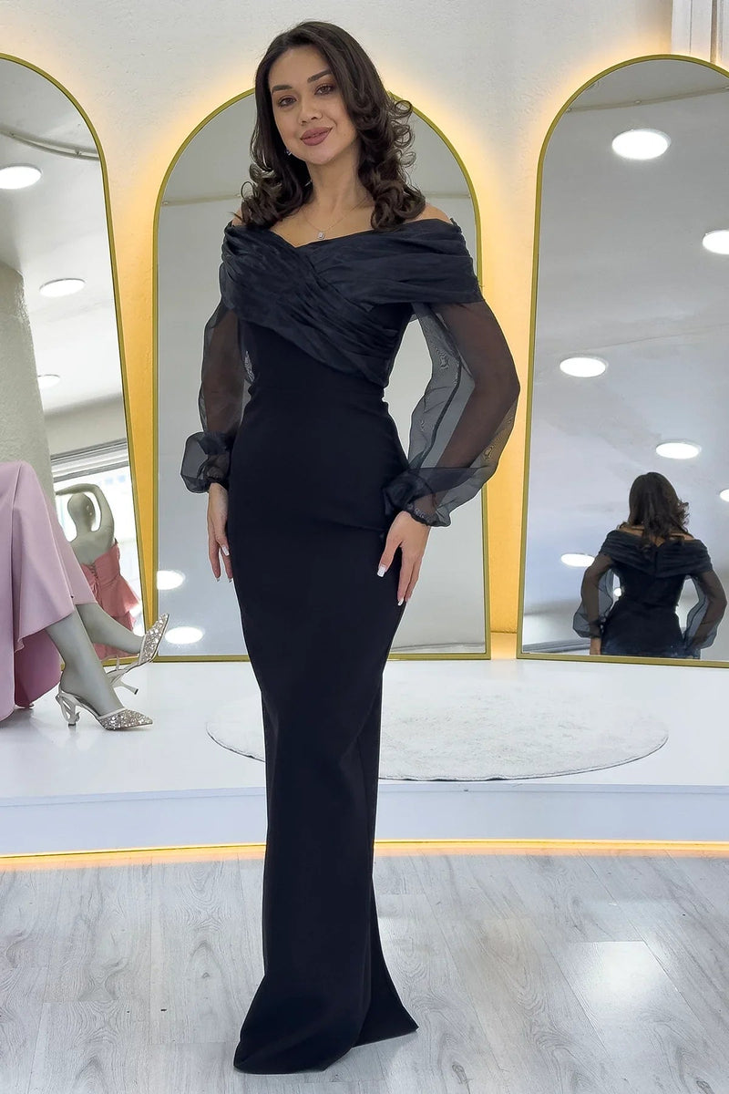 Women's Black Chiffon Sleeve Detail Off-Shoulder Mermaid Evening Gown