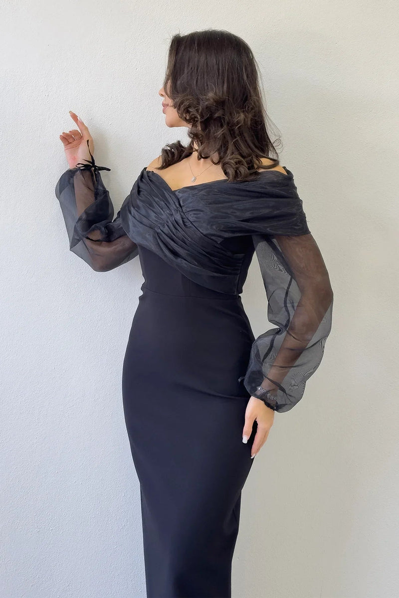 Women's Black Chiffon Sleeve Detail Off-Shoulder Mermaid Evening Gown