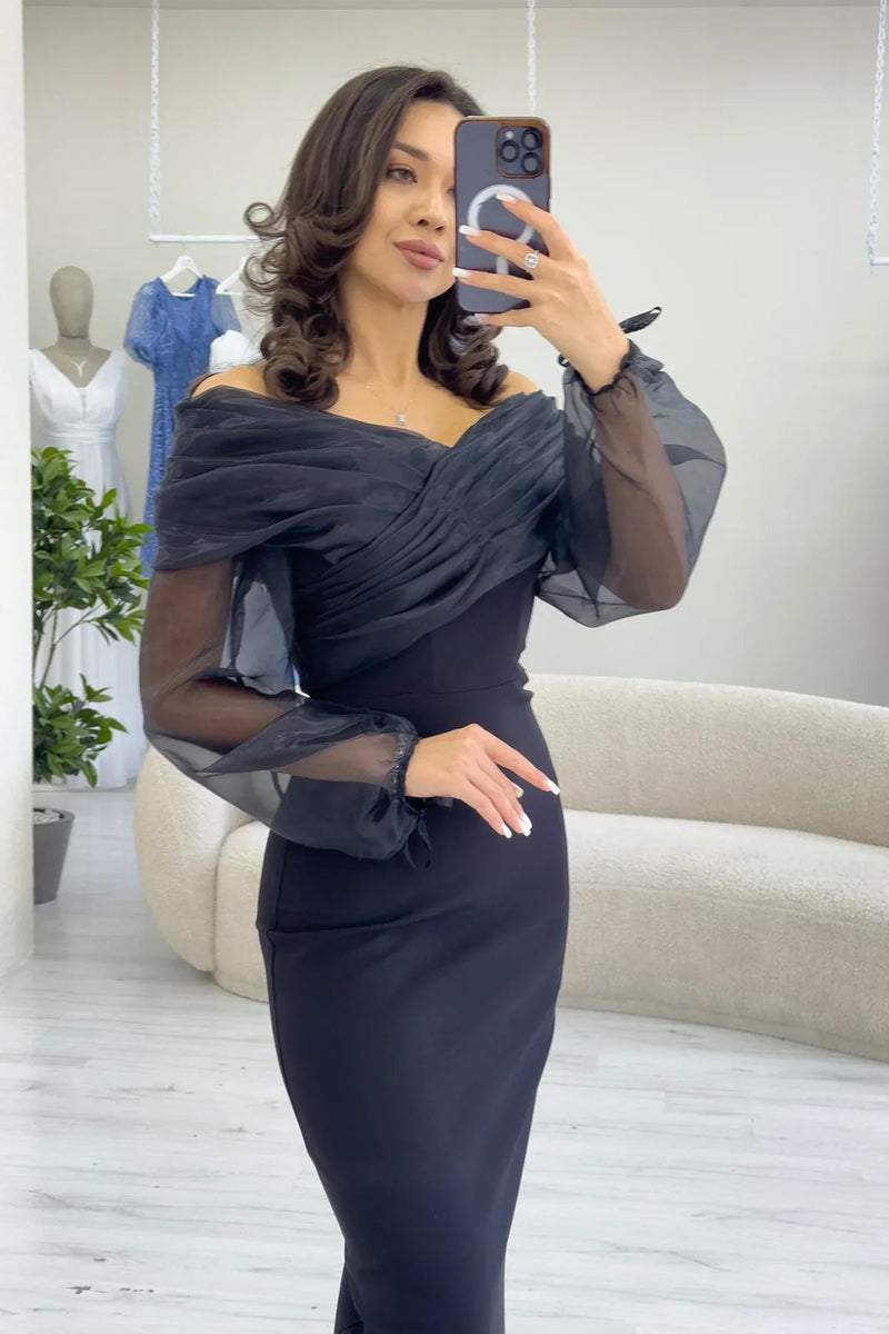 Women's Black Chiffon Sleeve Detail Off-Shoulder Mermaid Evening Gown
