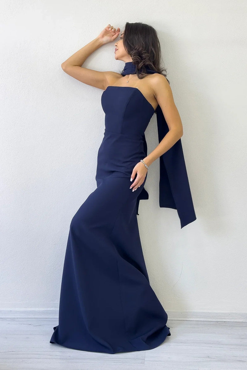 Women's Navy Blue Shawl Collar Detail Strapless Mermaid Evening Gown