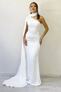 White Maxi Satin Evening Dress with Train