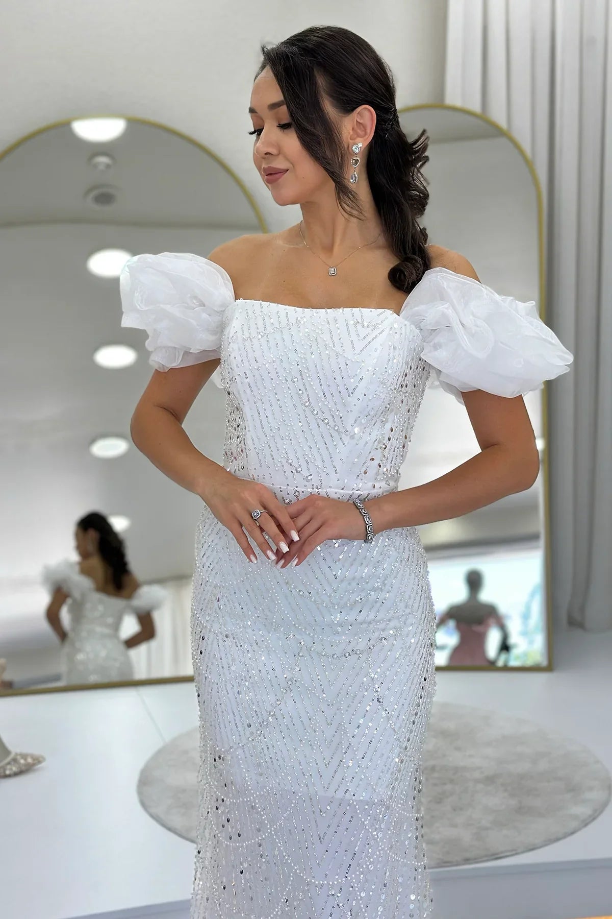 Women's White Balloon Sleeve Sequin Embellished Strapless Evening Gown