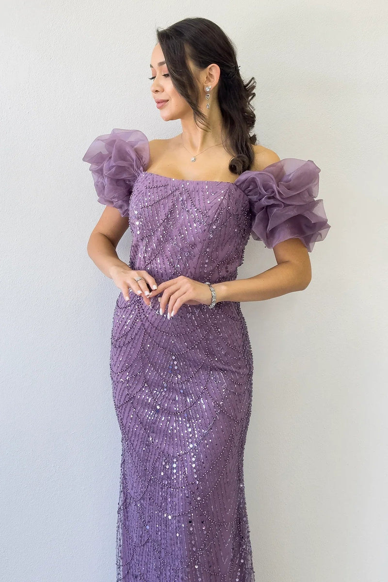 Women's Lilac Balloon Sleeve Sequin Embellished Strapless Evening Gown