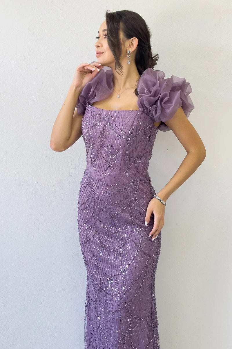 Women's Lilac Balloon Sleeve Sequin Embellished Strapless Evening Gown