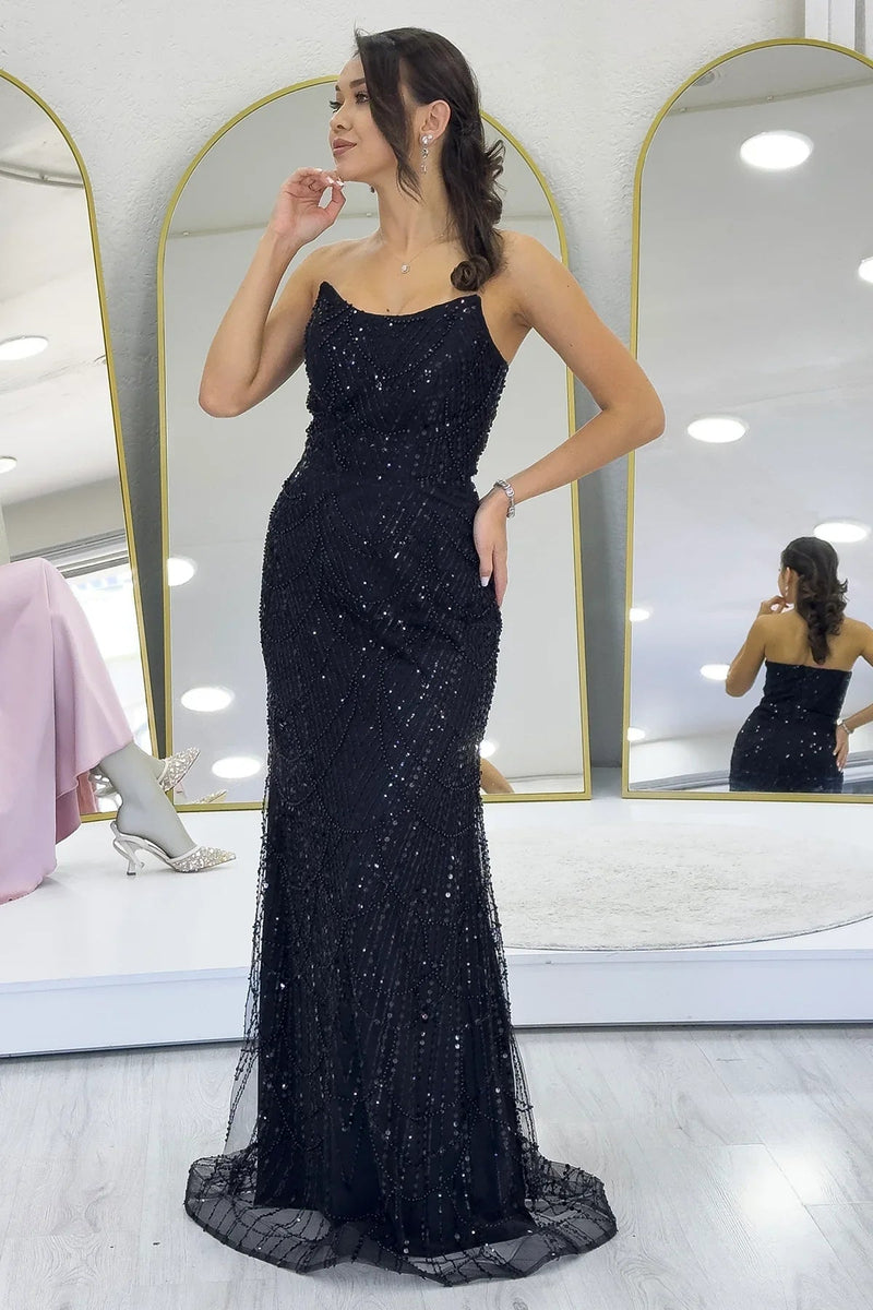 Women's Black Strapless Sequin Embellished Long Evening Gown