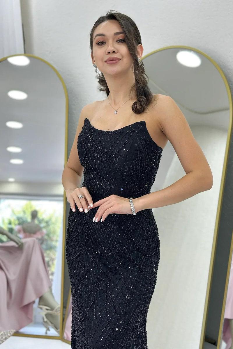 Women's Black Strapless Sequin Embellished Long Evening Gown