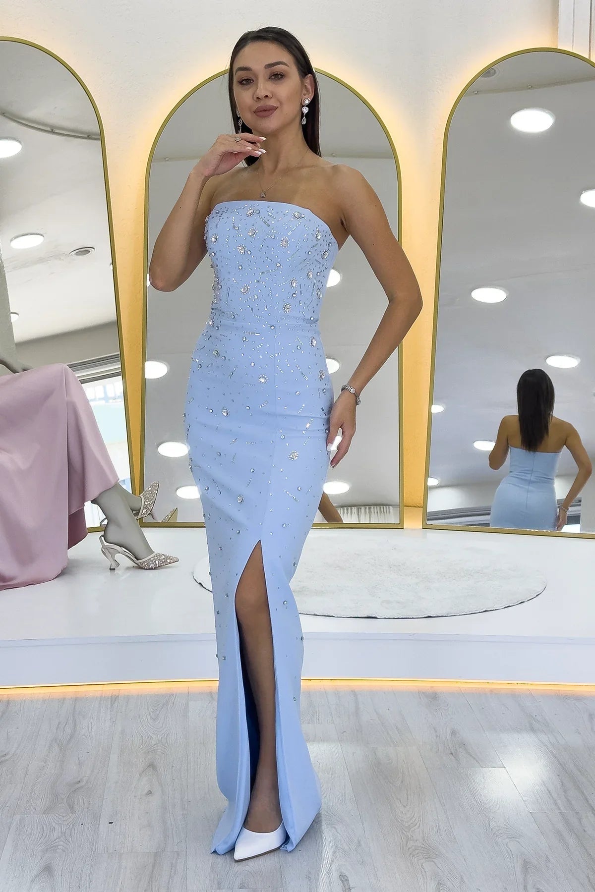 Women's Baby Blue Strapless Taş işlemeli Slit Evening Gown