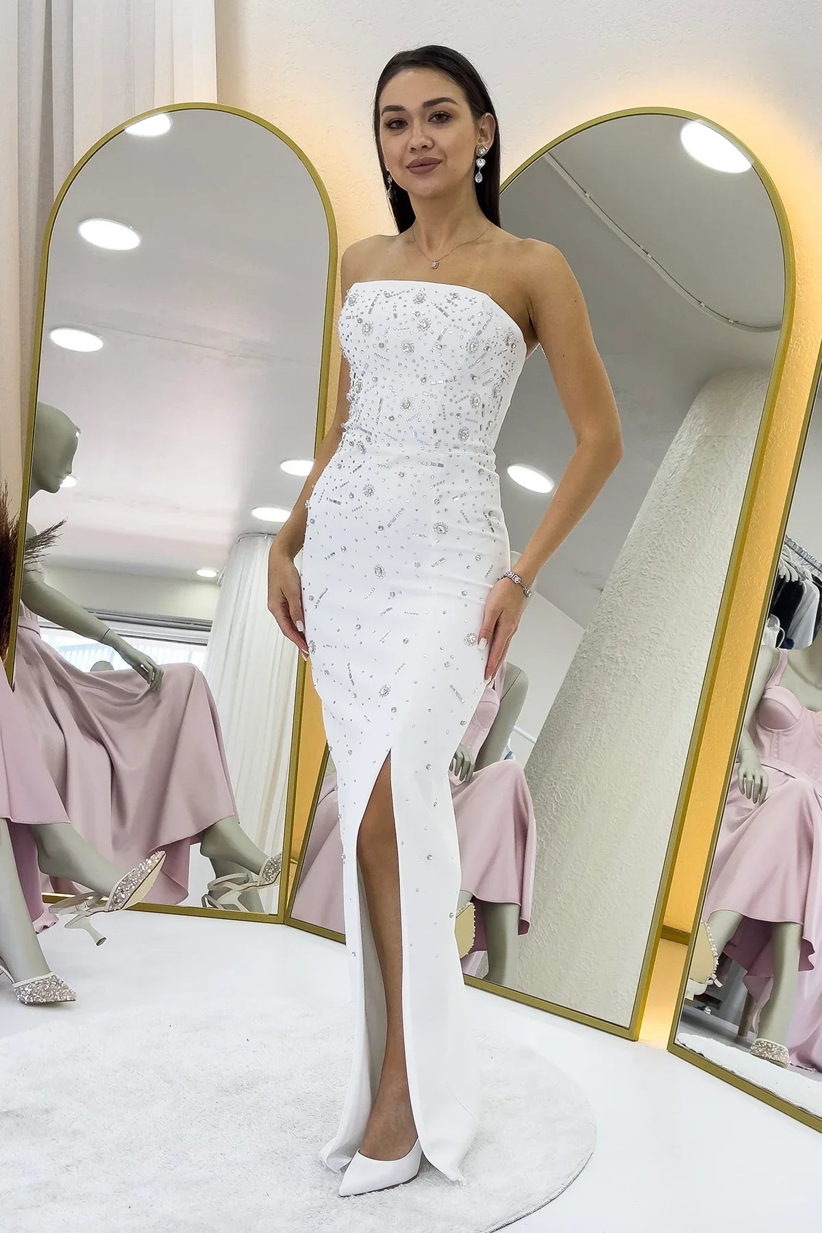 Women's White Strapless Taş işlemeli Slit Evening Gown
