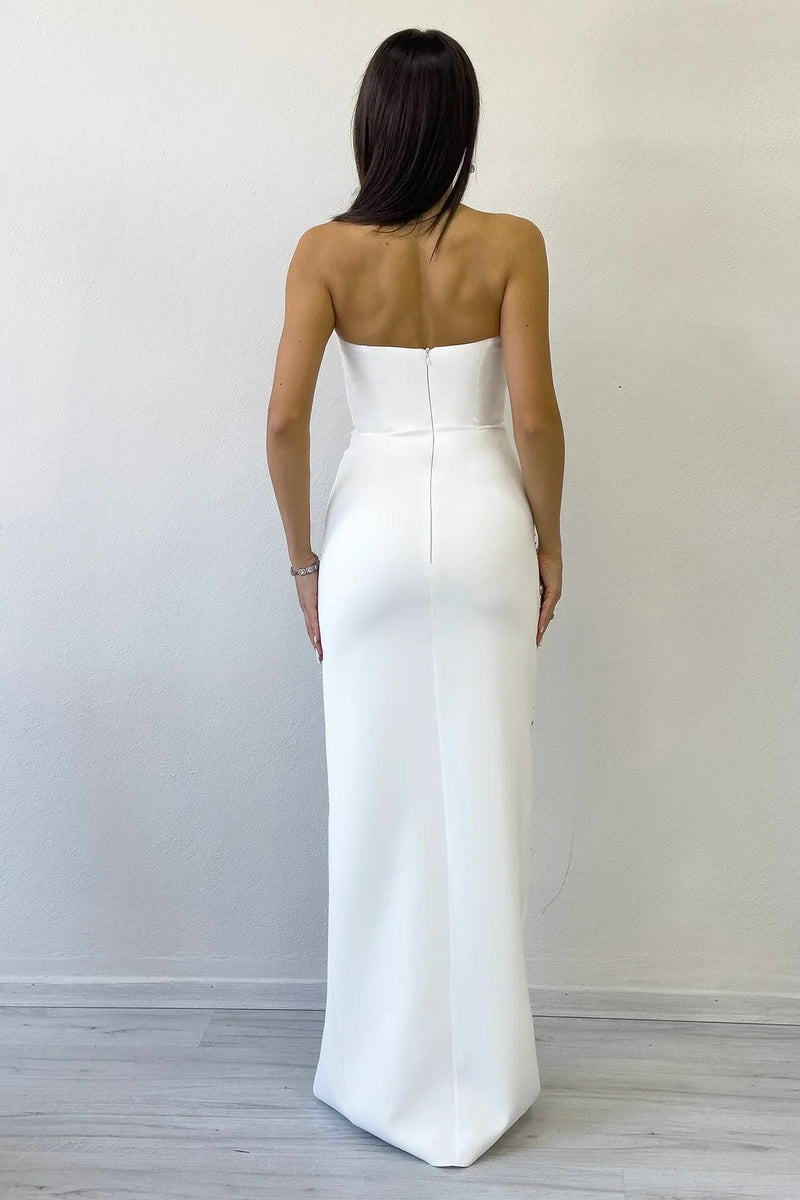 Women's White Strapless Taş işlemeli Slit Evening Gown