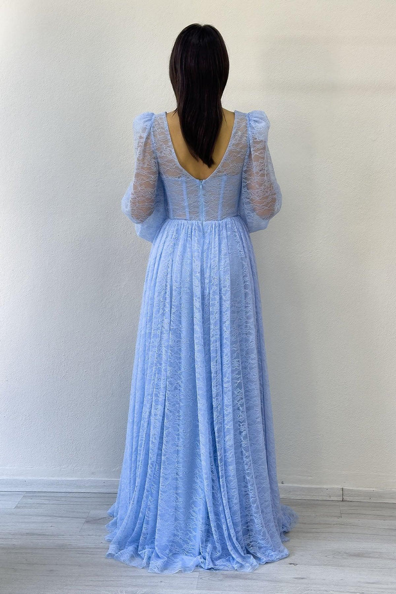 Women's Baby Blue Lace Kumaş Corset Detail Long Slit Evening Gown