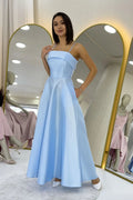 Baby Blue Satin Midi Thin Strap Evening Dress