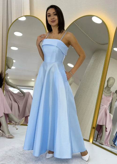 Baby Blue Satin Midi Thin Strap Evening Dress