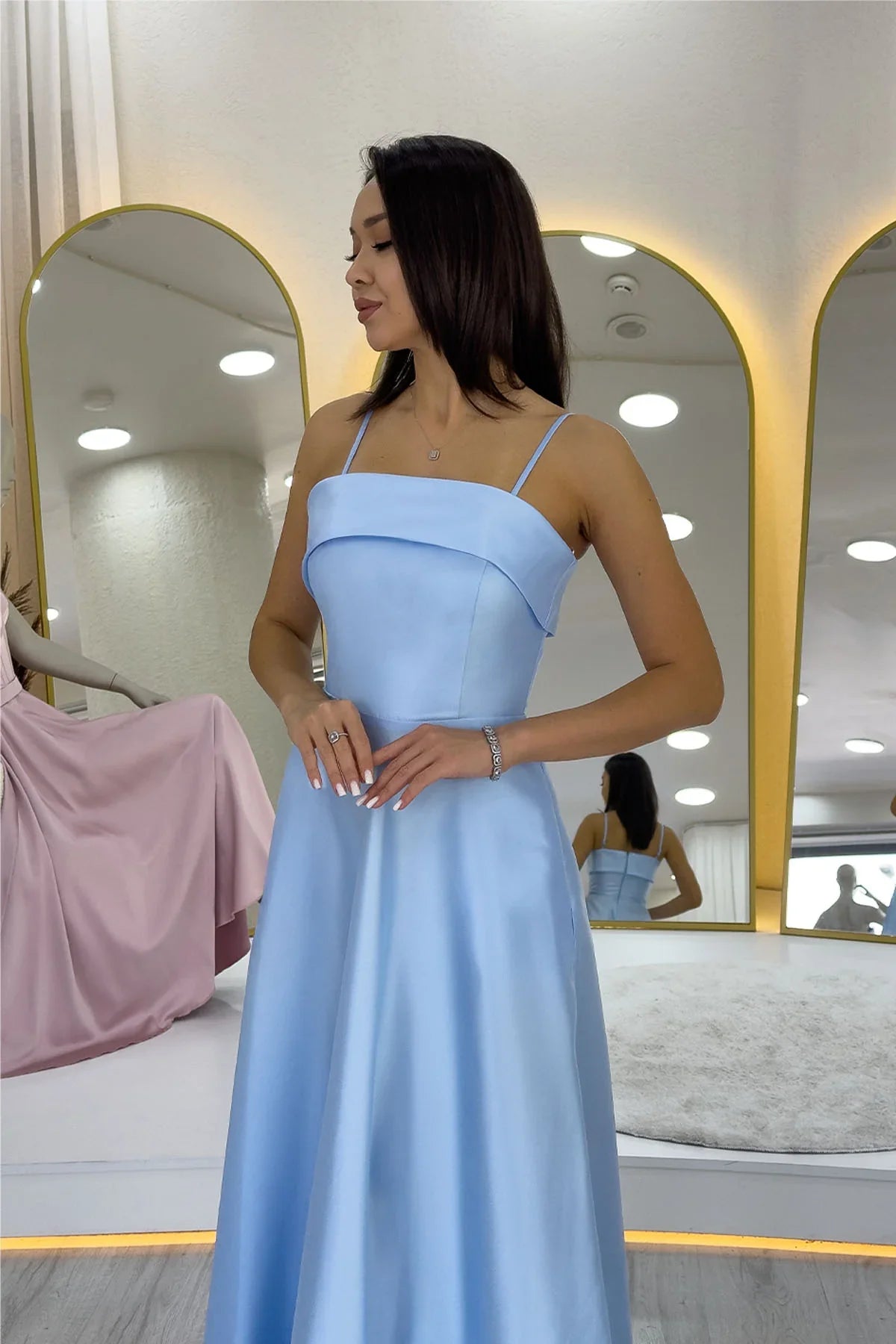 Women's Baby Blue İnce Strap Cep Detail Evening Gown