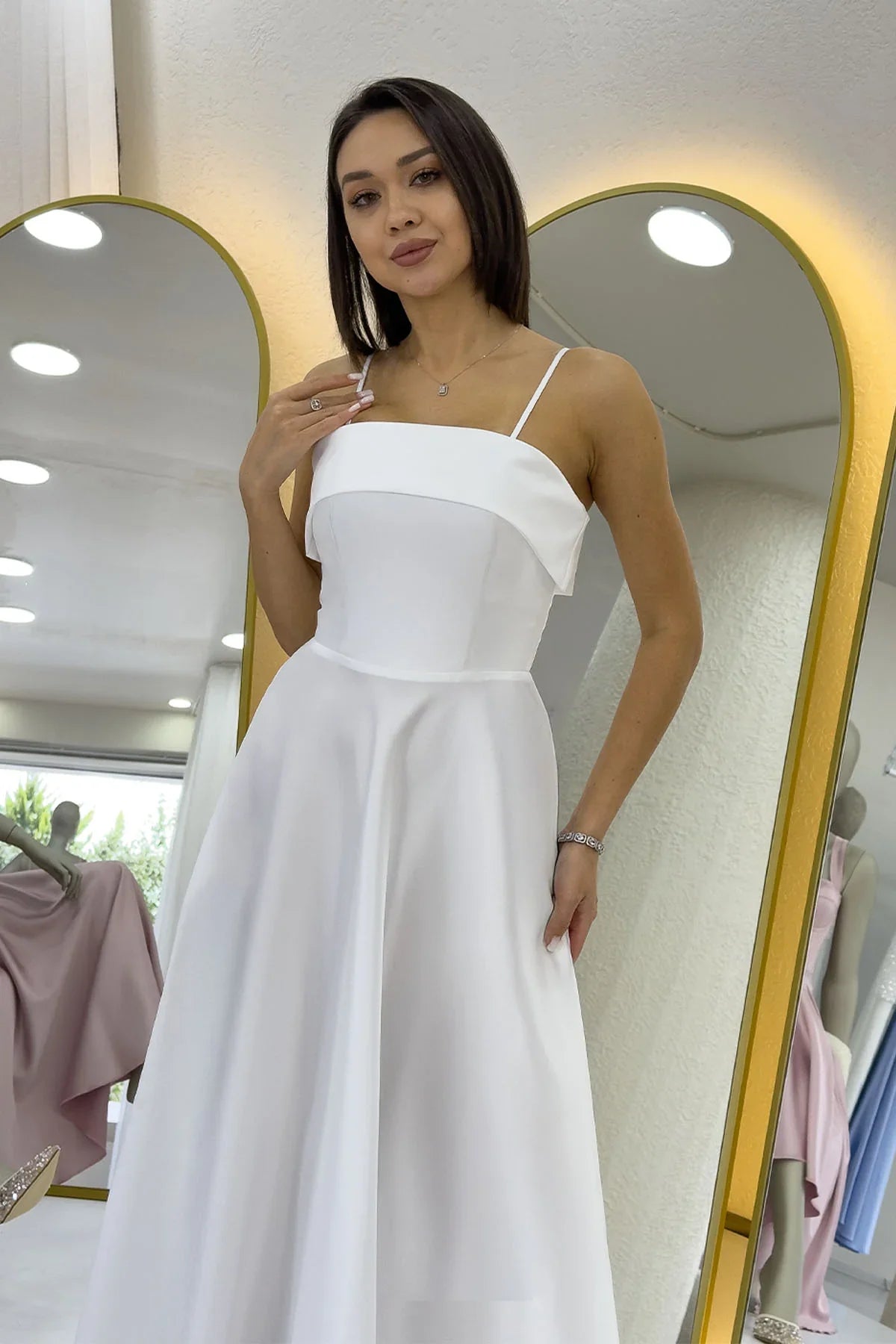 Women's White İnce Strap Cep Detail Nikah Evening Gown