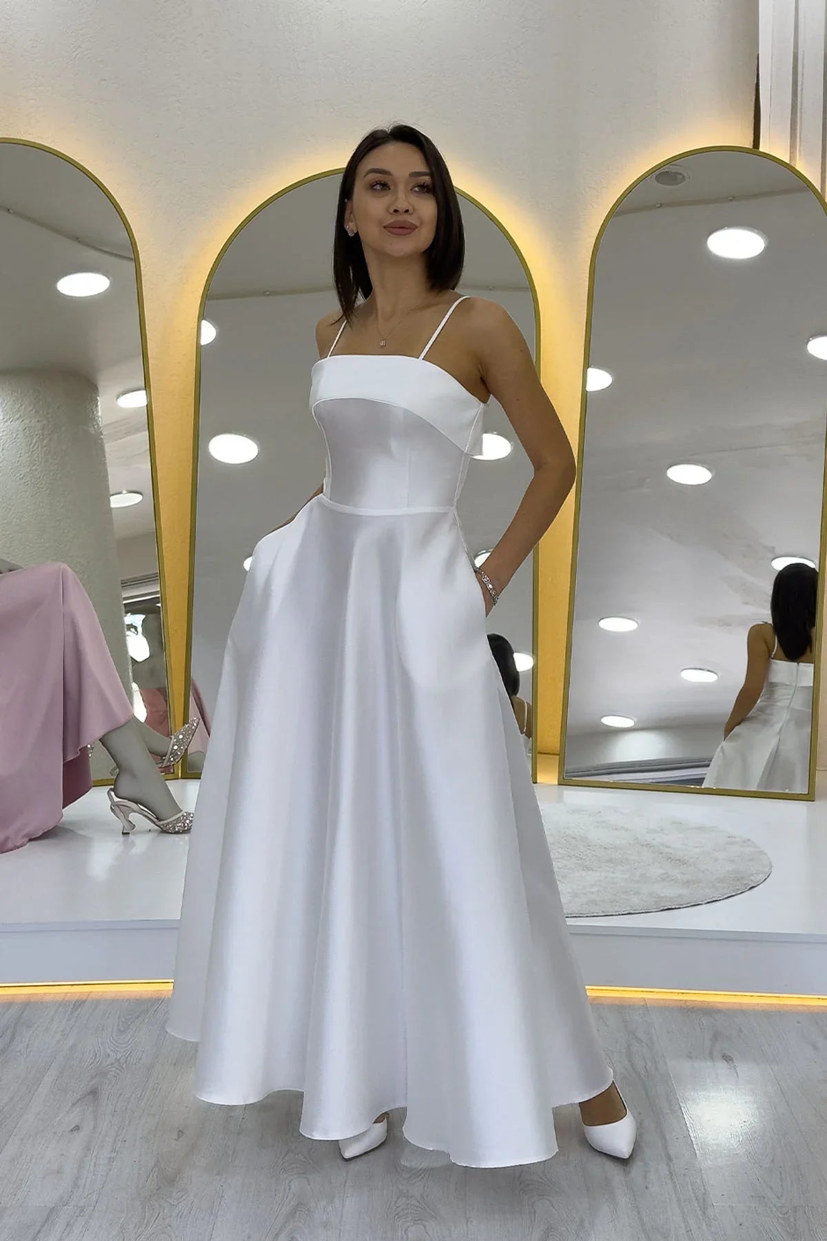 Women's White İnce Strap Cep Detail Nikah Evening Gown