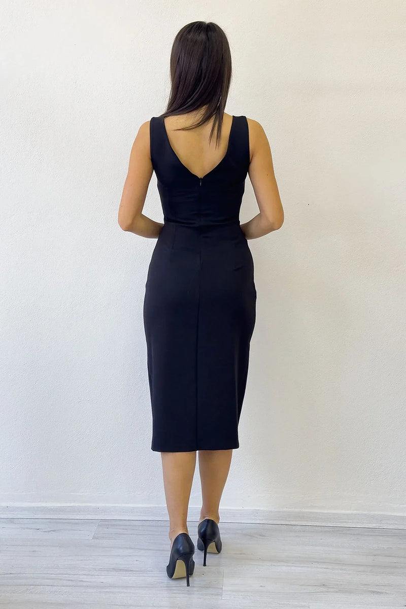 Women's Black V-Neck Midi Crystal Embellished Plus Size Evening Gown