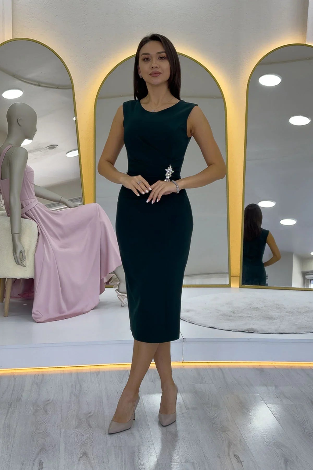 Women's Green Draped Broş Detail Midi Plus Size Pencil Dress