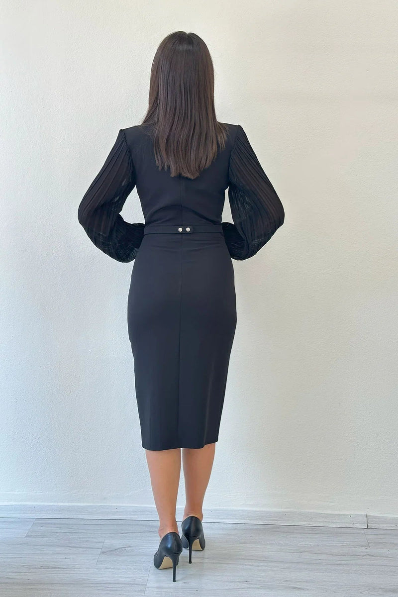 Women's Black Wrap Neck Belted Midi Pencil Dress