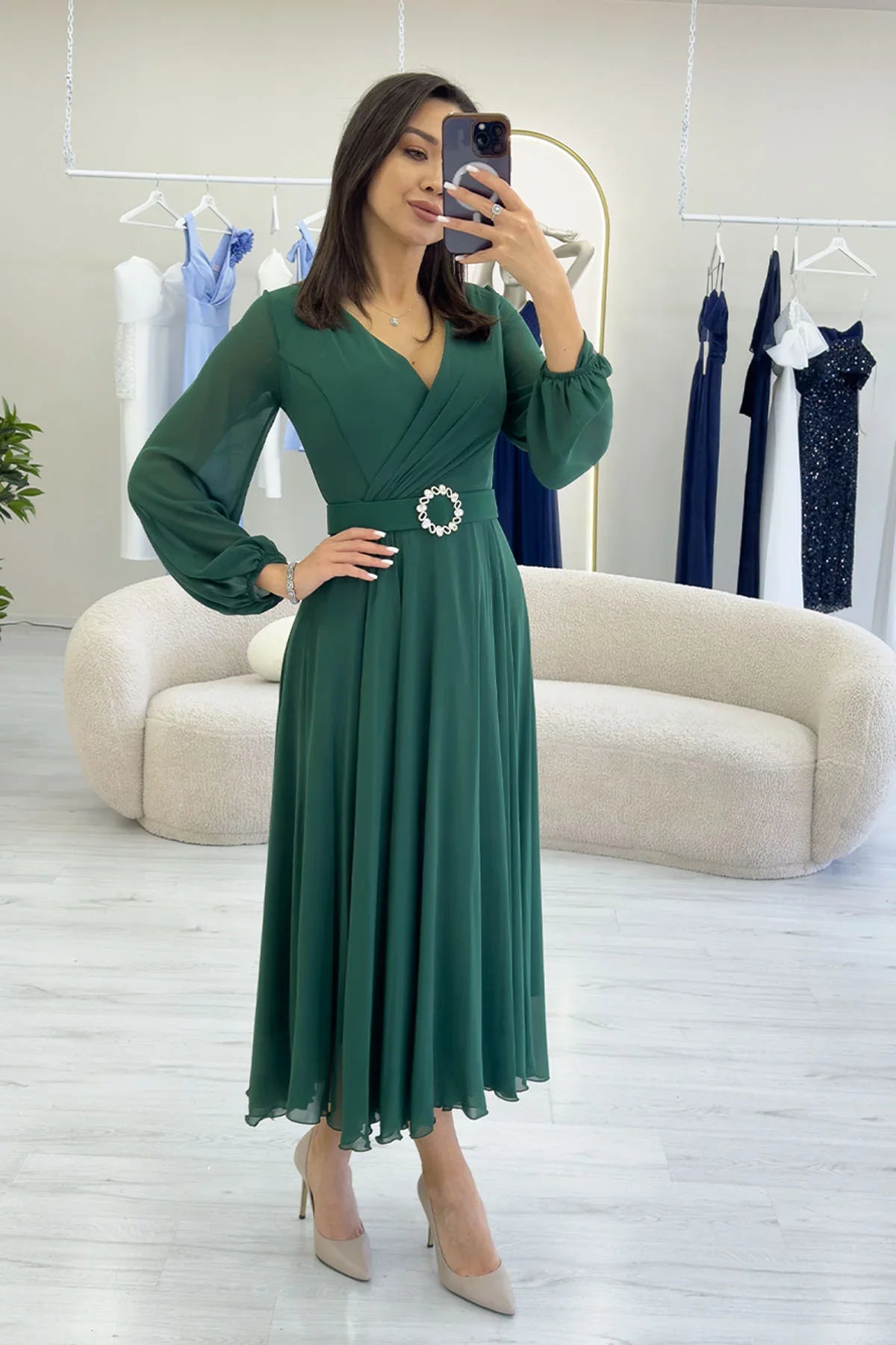 Women's Green Wrap Belted Midi Chiffon Dress