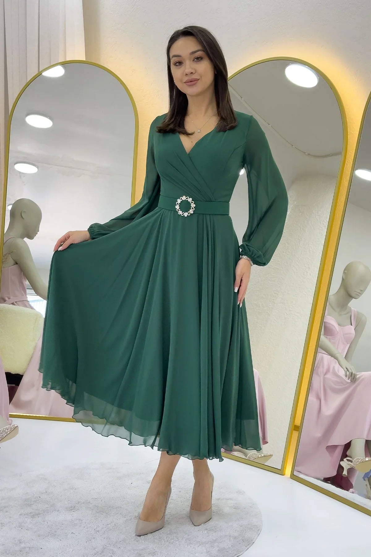 Women's Green Wrap Belted Midi Chiffon Dress