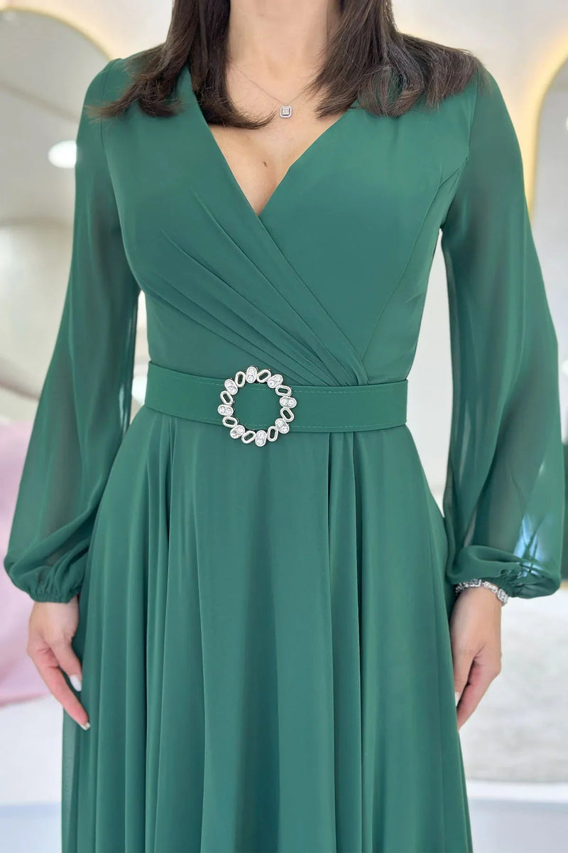Women's Green Wrap Belted Midi Chiffon Dress