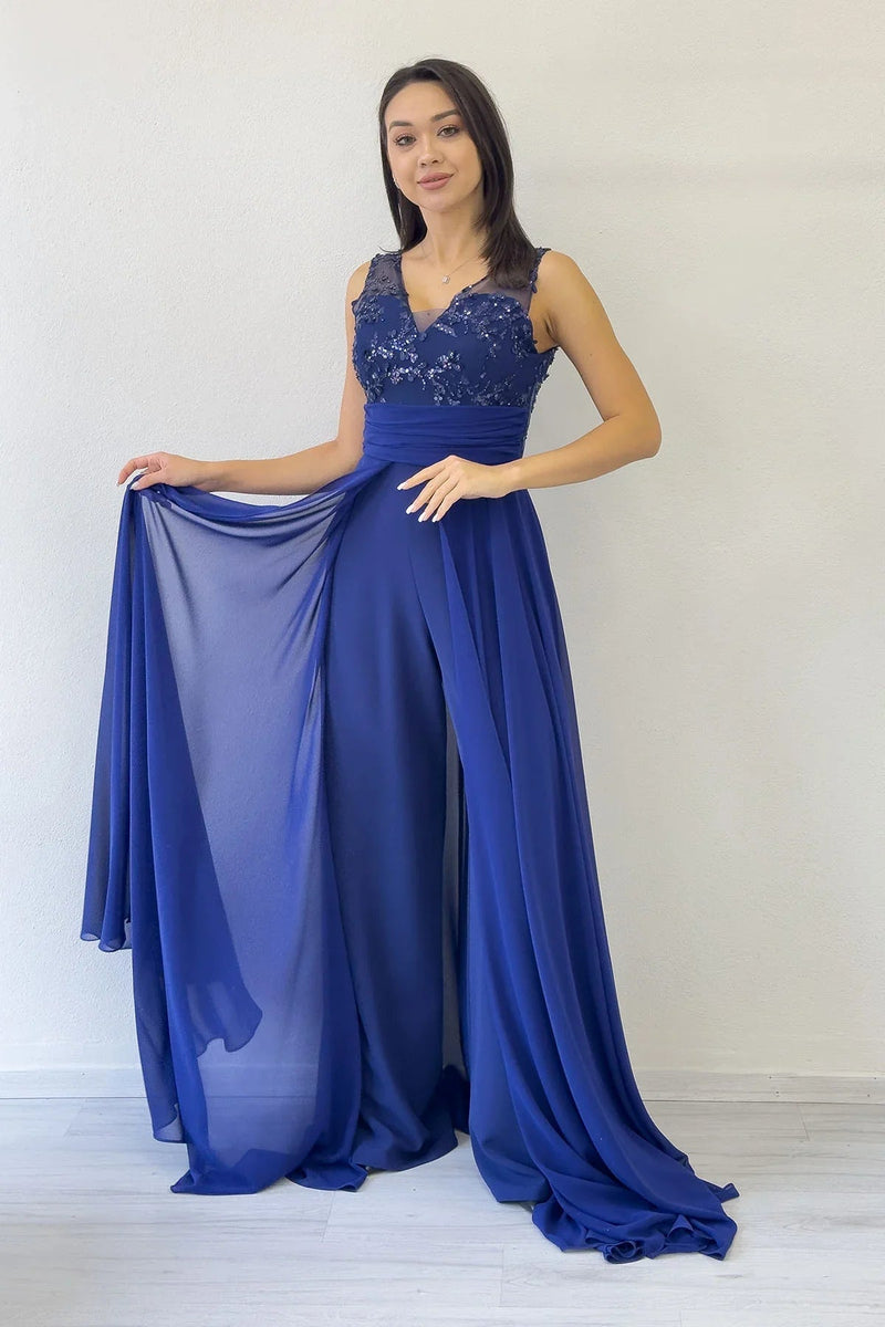 Women's Navy Blue V-Neck Embellished Train Evening Gown Jumpsuit