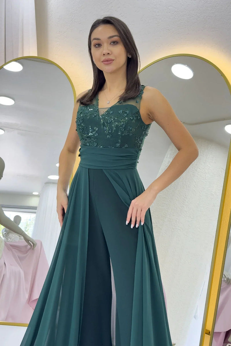 Grüner Pailletten-Jumpsuit mit Schleppe