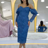 Indigo Off-Shoulder Lace Midi Pencil Dress