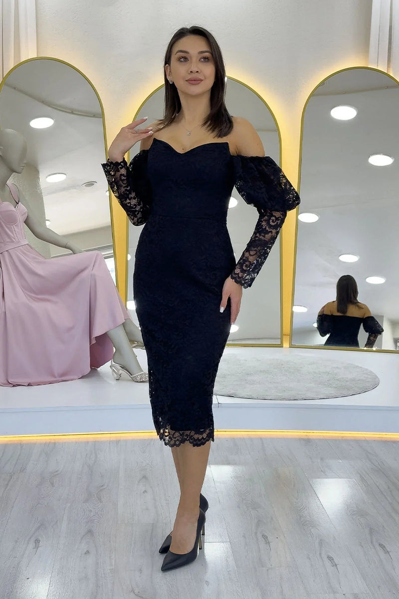 Women's Black Off-Shoulder Balloon Sleeve Lace Evening Gown