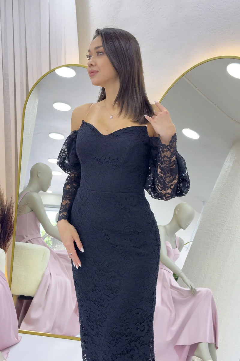Women's Black Off-Shoulder Balloon Sleeve Lace Evening Gown