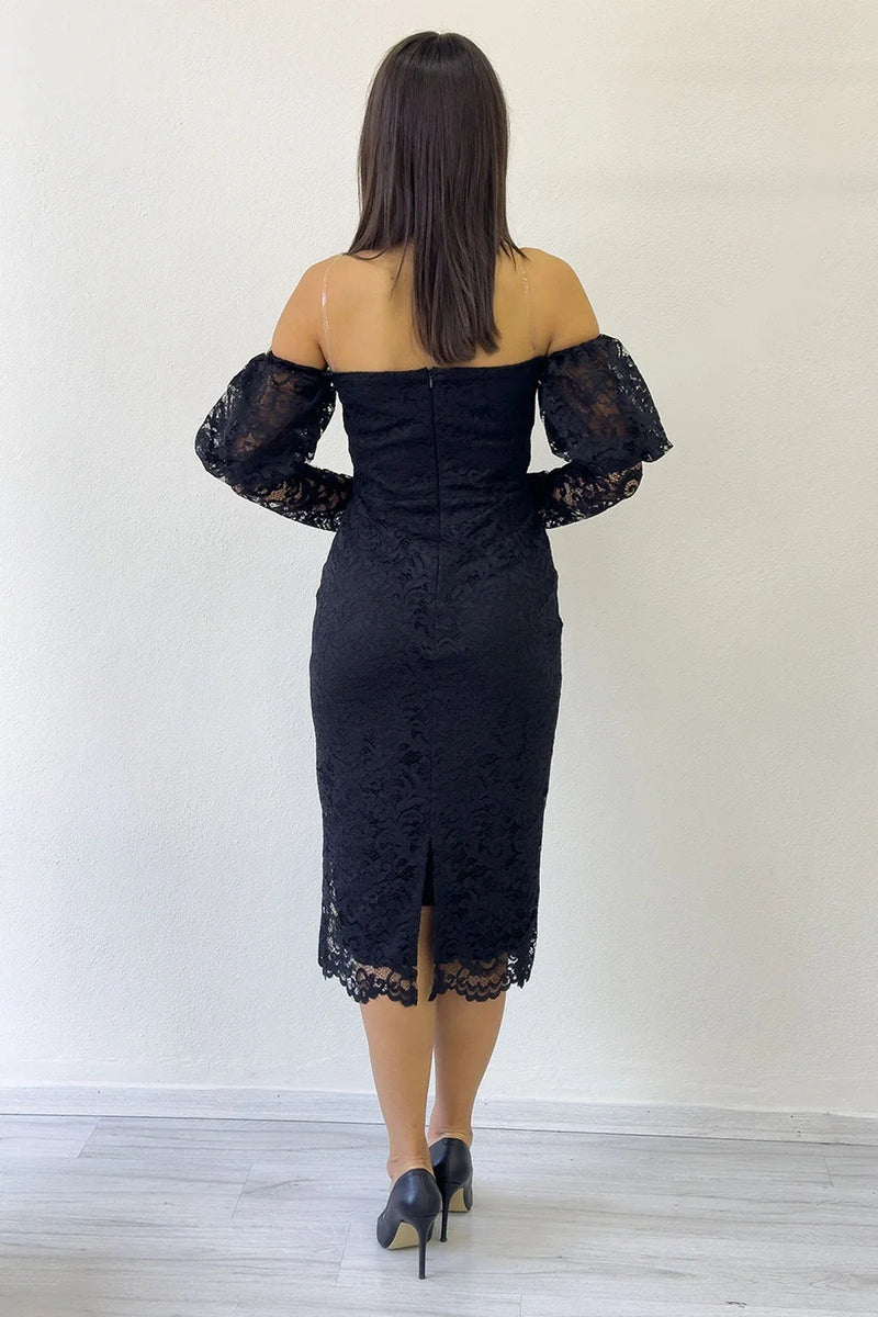 Women's Black Off-Shoulder Balloon Sleeve Lace Evening Gown