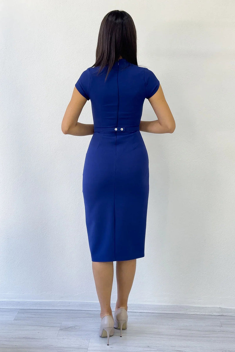 Women's Navy Blue V-Neck Half Sleeve Belted Midi Pencil Dress