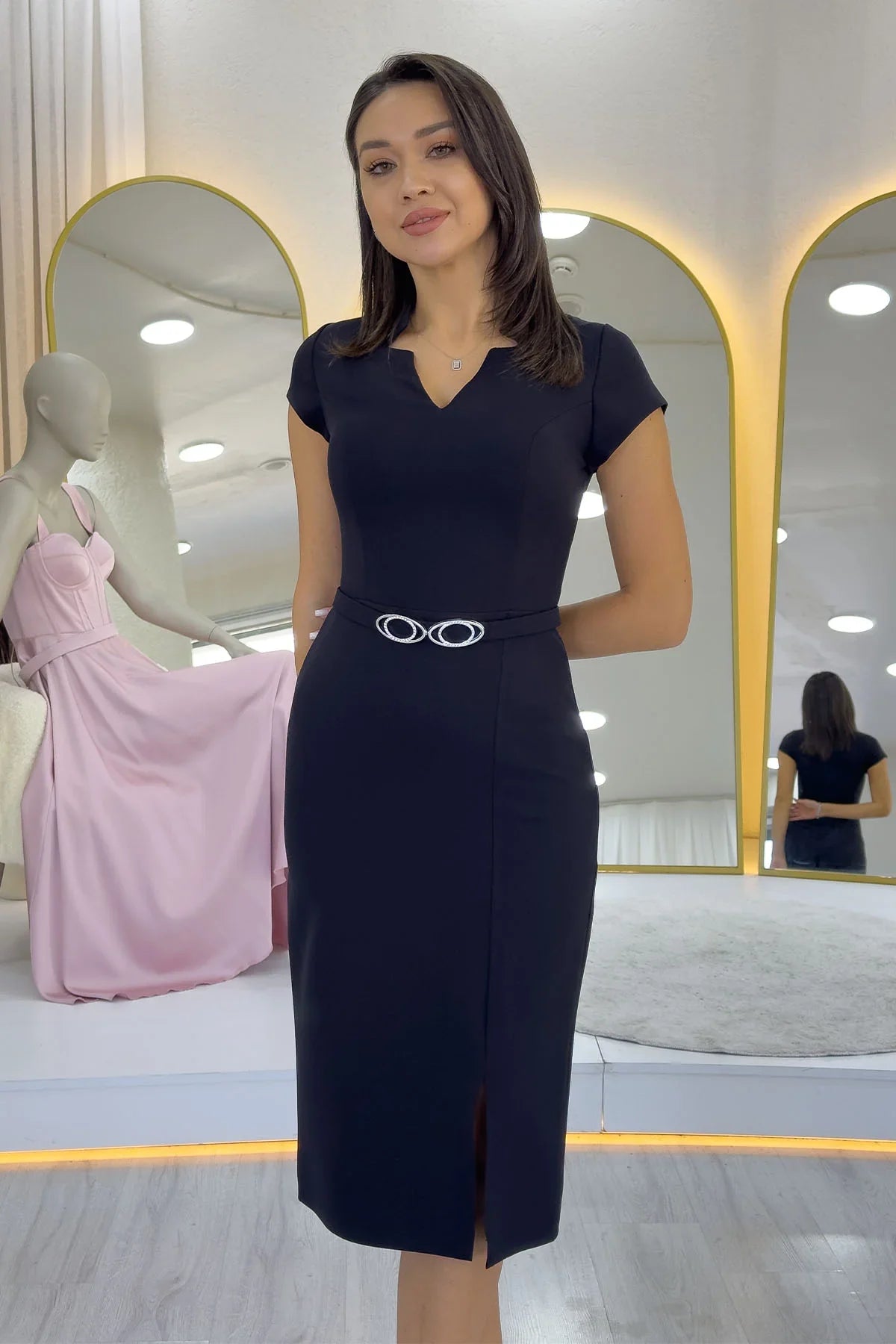 Women's Black V-Neck Half Sleeve Belted Midi Pencil Dress