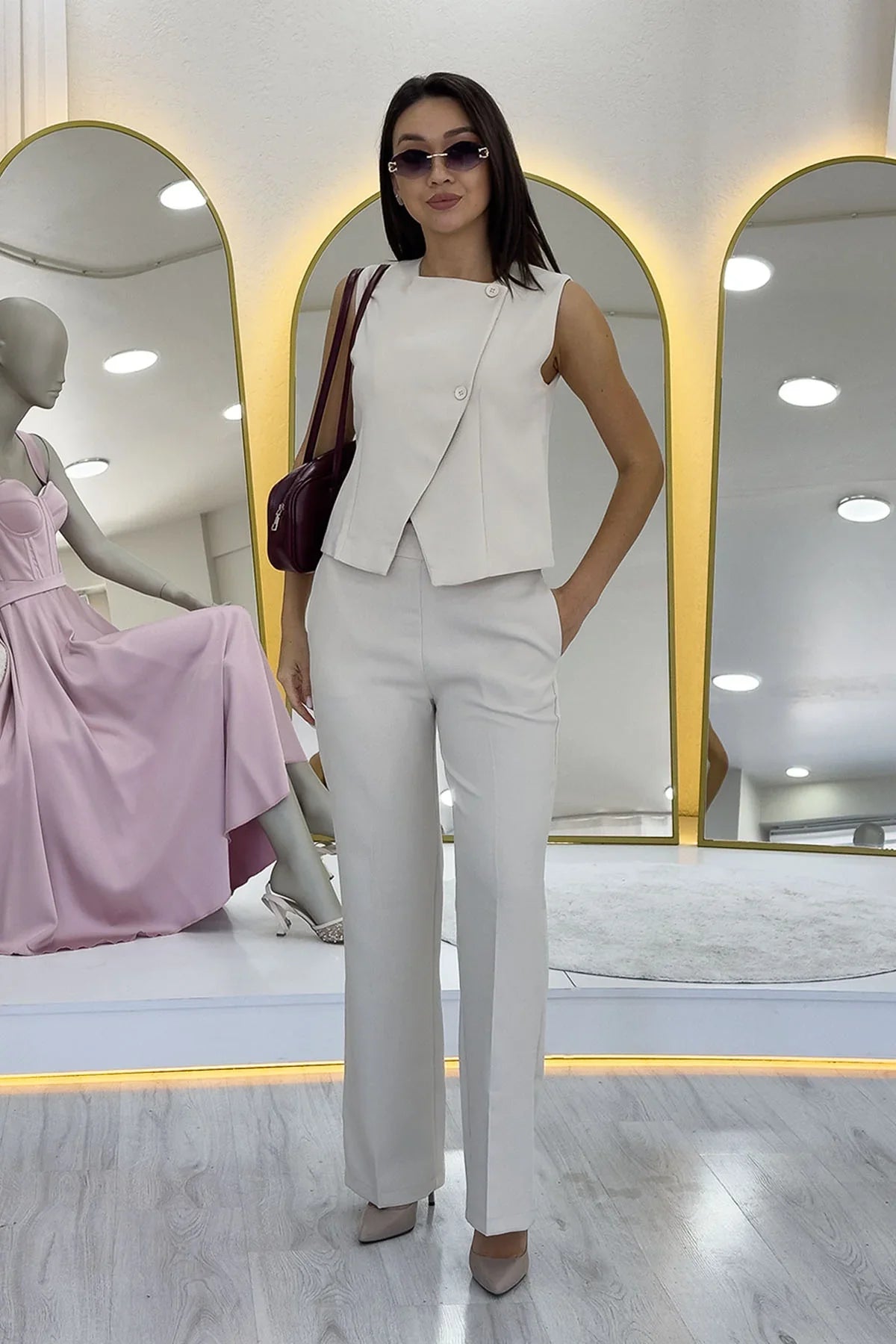 Women's Beige Çapraz Buttoned Vest Pants Two-Piece Set