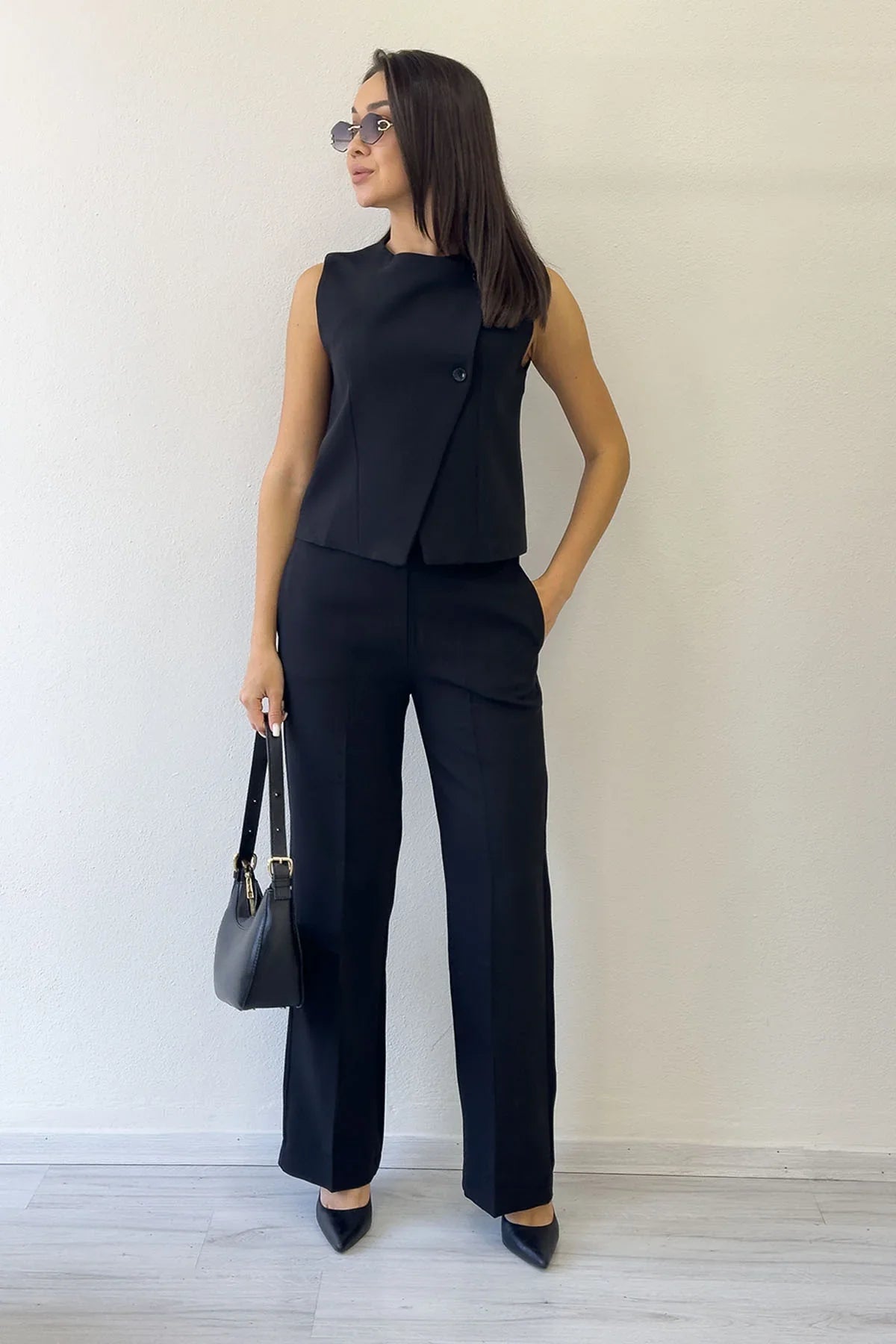 Women's Black Çapraz Buttoned Vest Pants Two-Piece Set