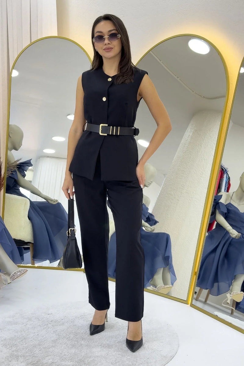 Women's Black Bisiklet Neck Belted İkili Co-ord Set