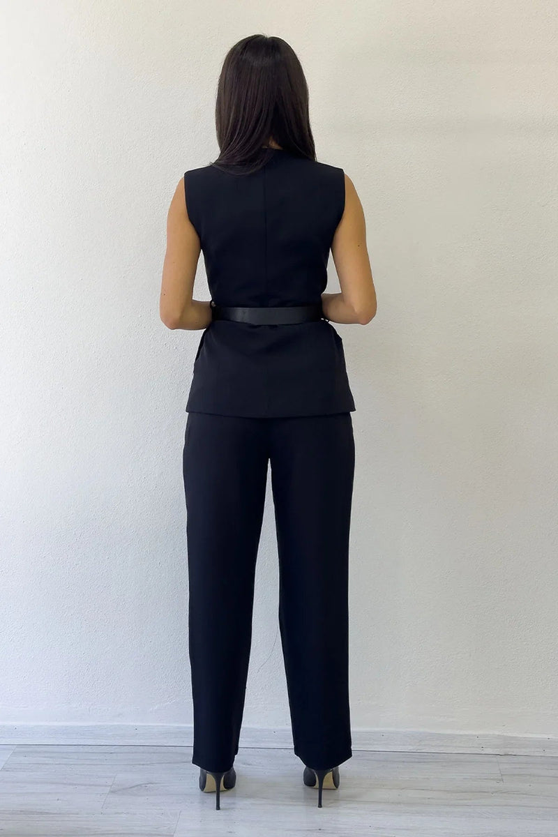 Women's Black Bisiklet Neck Belted İkili Co-ord Set