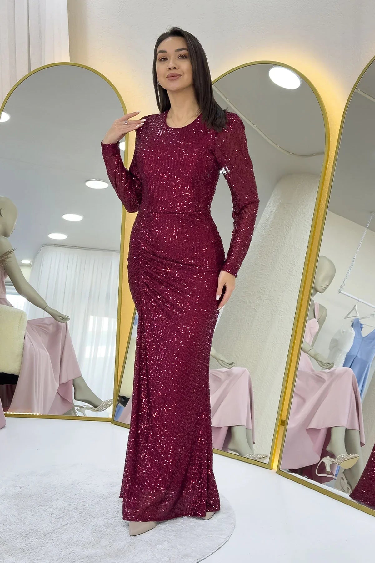 Women's Burgundy Long Sleeve Bisiklet Neck Sequin Draped Evening Gown