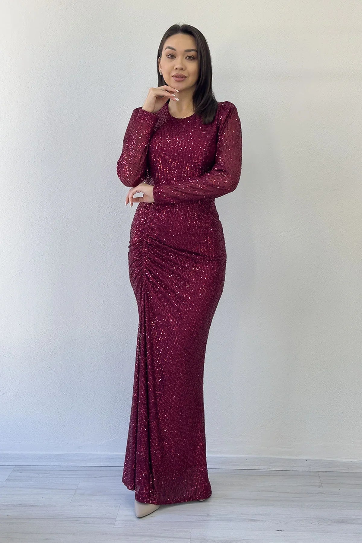 Women's Burgundy Long Sleeve Bisiklet Neck Sequin Draped Evening Gown