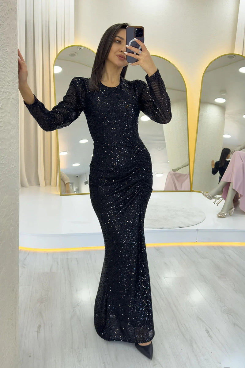 Women's Black Long Sleeve Bisiklet Neck Sequin Draped Evening Gown