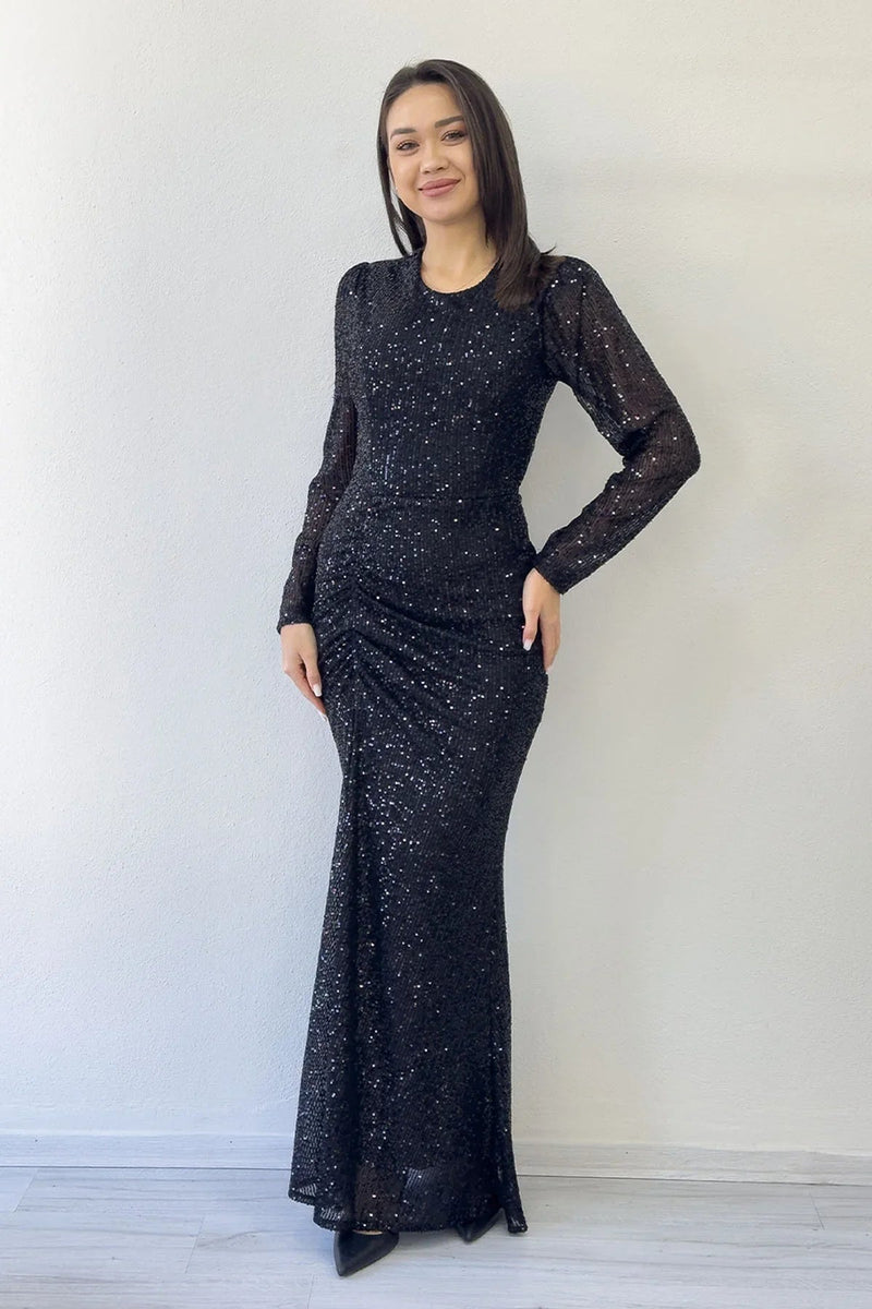 Women's Black Long Sleeve Bisiklet Neck Sequin Draped Evening Gown
