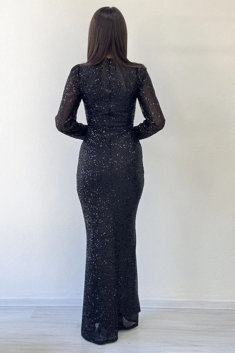 Women's Black Long Sleeve Bisiklet Neck Sequin Draped Evening Gown