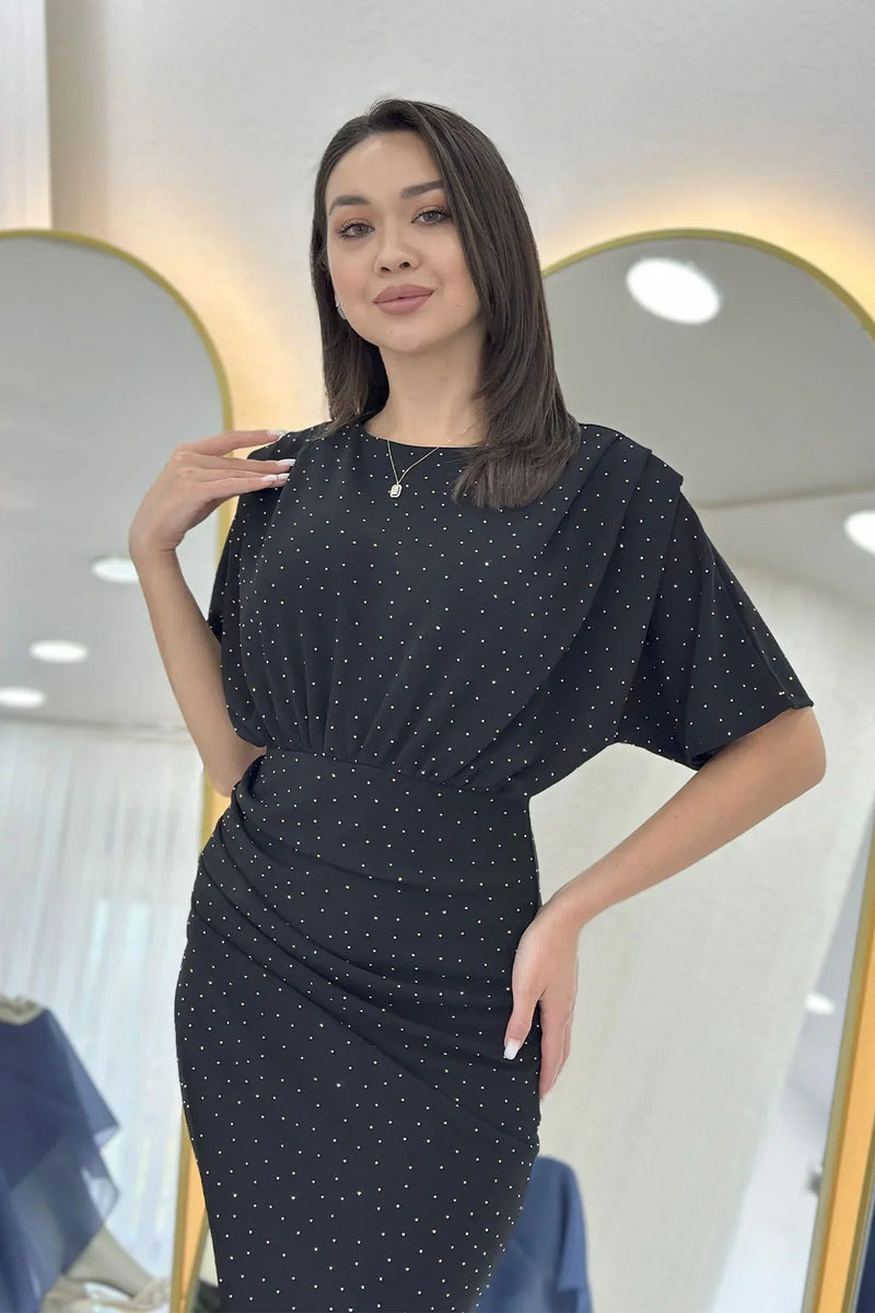 Women's Black Crystal Embellished Batwing Sleeve Anvelop Dress